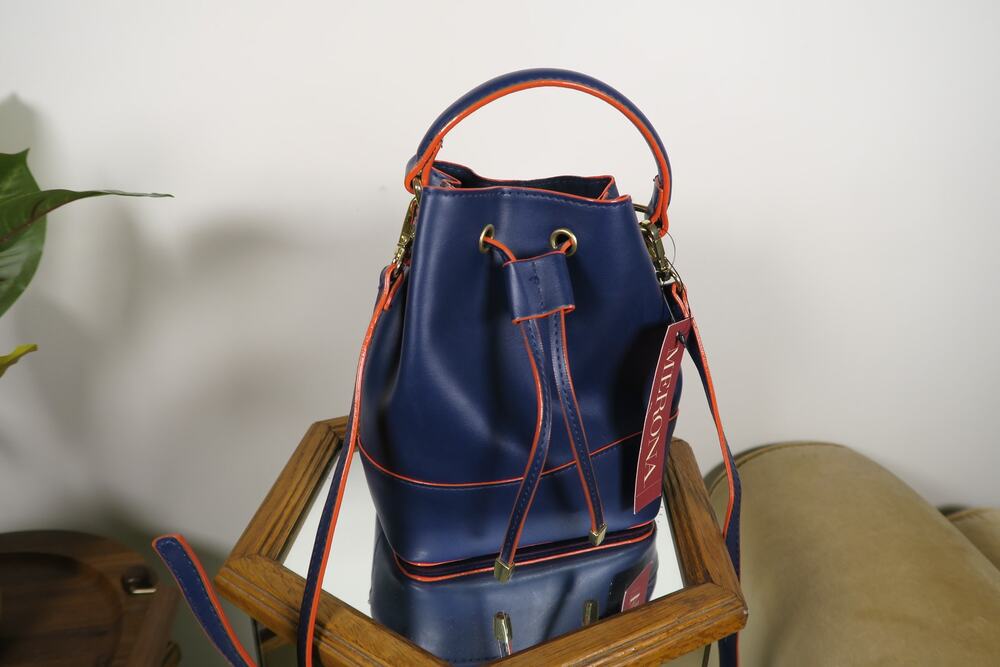 NWT Merona Navy Blue & Red Drawstring Bucket Bag
